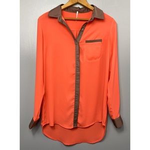 Free People Orange and Brown Button-Down Blouse